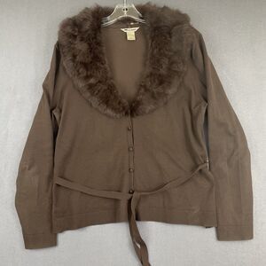 NYGARD Collection Brown Rabbit Fur Collar Silk-blend Cardigan Sweater Size 18/20